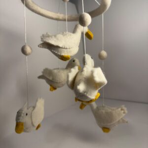 Hand-felted wool goose baby mobile with cream felt balls